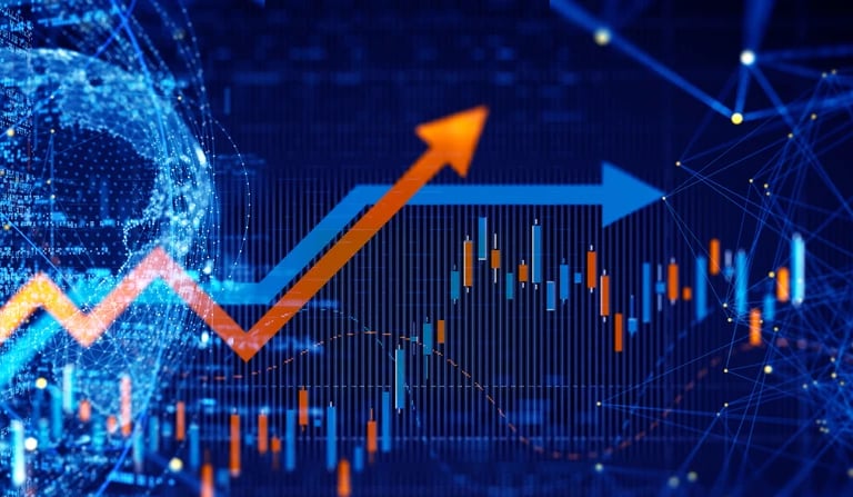 Global stock market chart with rising orange and blue arrows and digital data visualization.