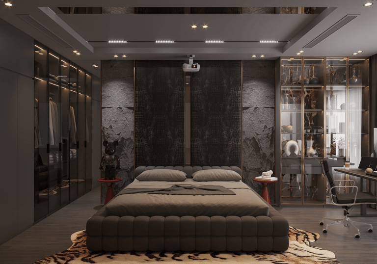 Luxury modern bedroom interior featuring a grey tufted bed, glass closet, and home office workstation.