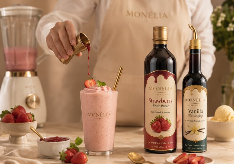 MONÉLIA syrup and fruit puree applications for iced coffee smoothies and professional drink menus