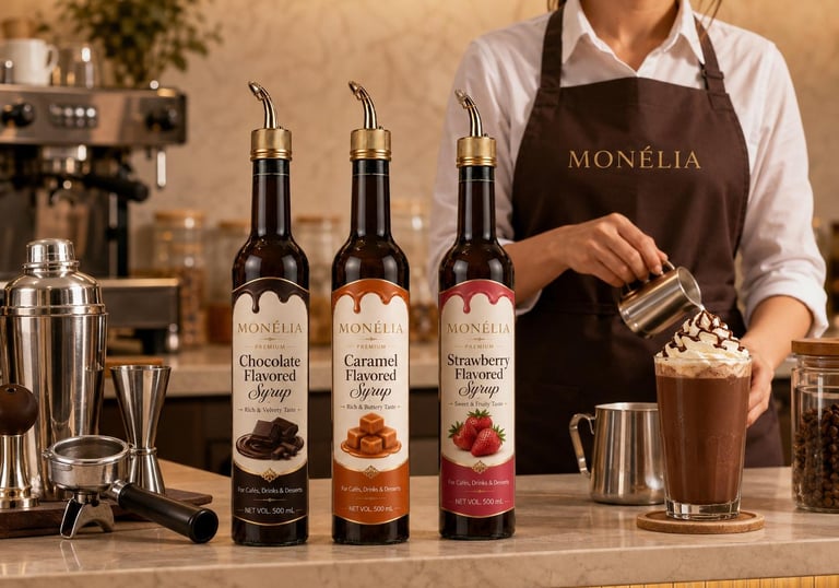 MONÉLIA caramel syrup used in iced coffee and specialty drinks