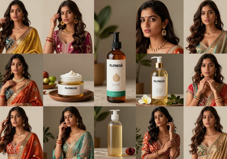 A vibrant, stylish collage of wellness and fashion products styled with a South Asian / Indian influence, high-end photography style.