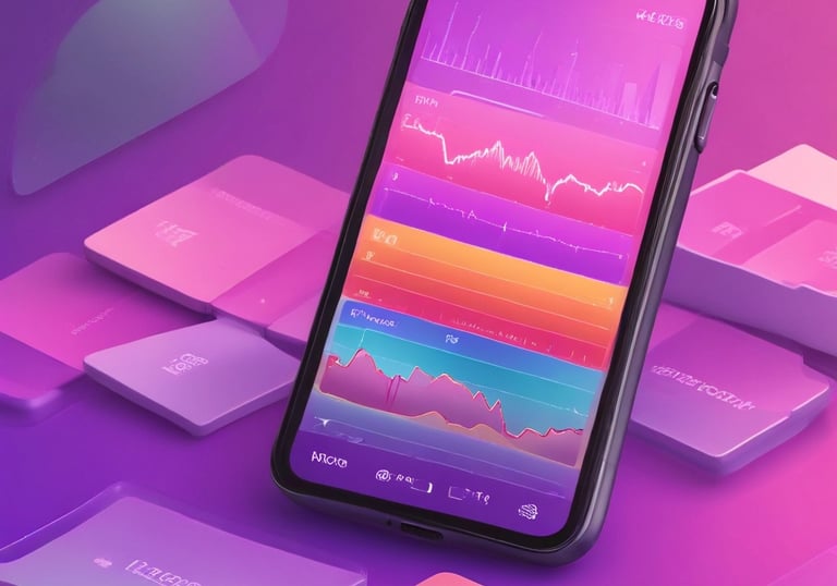3D illustration of a smartphone displaying a colorful PCOS tracking dashboard with gradient purple hues.