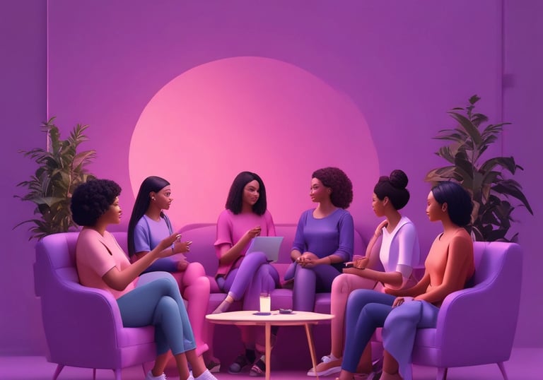 3D illustration of diverse women sharing stories in a warm, inviting virtual space with purple gradient background.