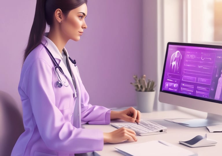 3D illustration of a modern app interface showing treatment plans and reminders with a vibrant purple gradient.