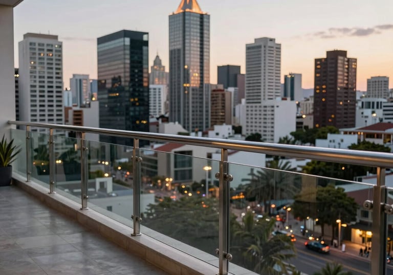 A beautiful outdoor balcony featuring elegant glass railings with stainless steel posts, overlooking a modern Hispanic / Latin American city skyline at twilight.