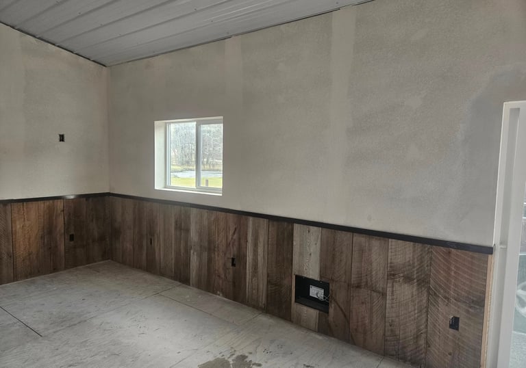 wainscoting drywall mud texture barn conversion 
