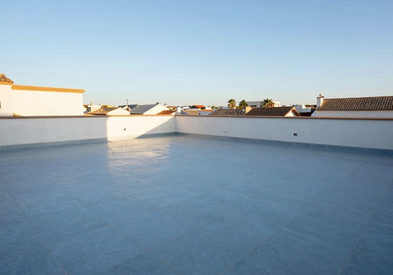 A photograph showing a finished rooftop terrace with expert waterproofing and elegant light blue floor tiles under a clear Spanish sky.