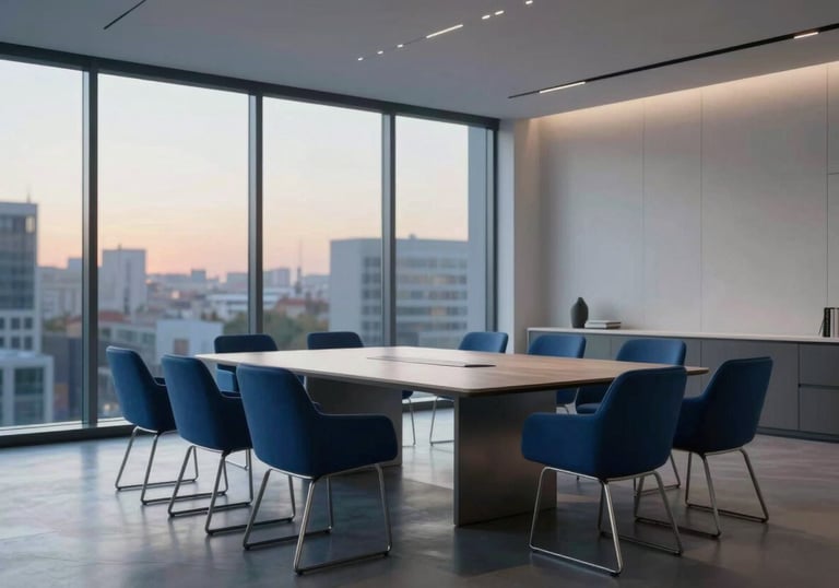 A minimalist, contemporary meeting room with Steel Blue furniture and large windows overlooking a blurred urban landscape at dusk.