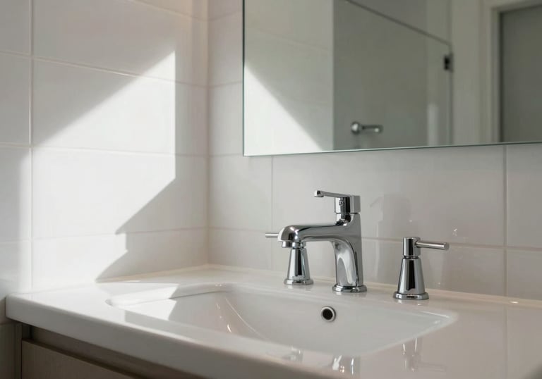 A pristine, white-tiled modern bathroom in a North American home with sparkling chrome fixtures and soft, natural morning light.