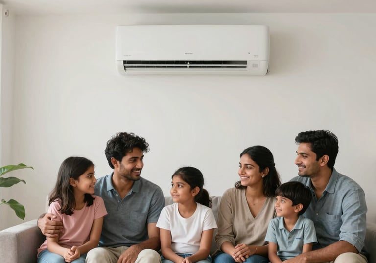 A happy South Asian / Indian family sitting together in a bright, cool, and comfortable living room, enjoying the efficient cooling of their air conditioner.