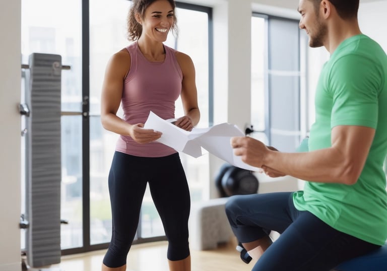 A friendly coach discussing a fitness plan with a client in a bright, airy room.