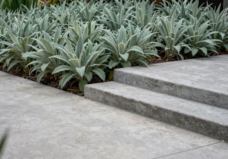 A photograph showing a seamless transition from a concrete patio to a lush garden. The Steel Grey concrete steps lead down into a field of Sage Green plants under soft, diffused light.