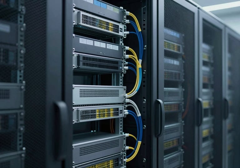 A neat, complex commercial server room with perfectly labeled and organized cabling, demonstrating precision in large-scale electrical projects.