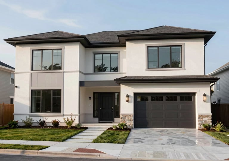A wide-shot of a stunningly transformed modern North American / US home exterior with sleek, clean lines.