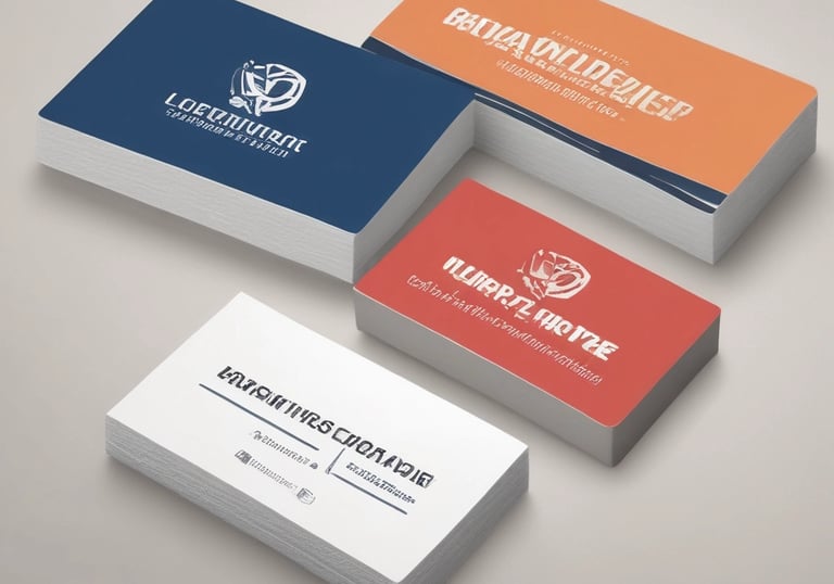 Close-up of vibrant business cards and custom stamps laid out on a desk.