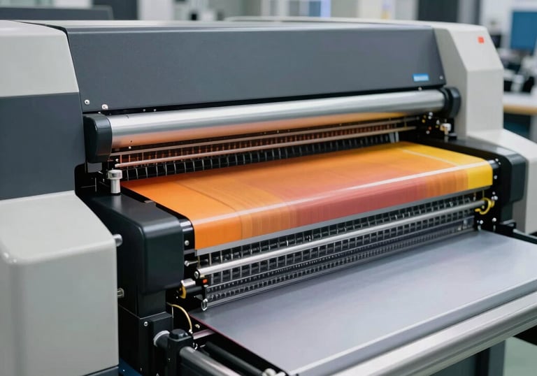 A professional printing and publishing environment in Slovakia, showing high-end equipment in operation with a focus on vibrant colors and modern industrial design.