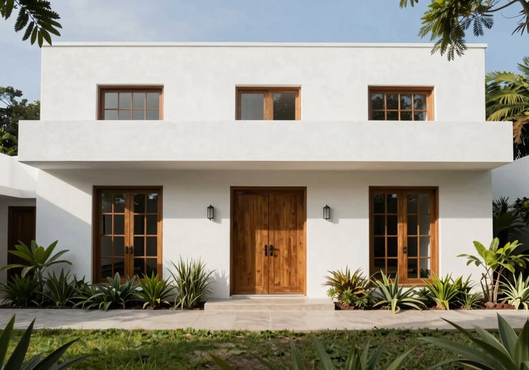 A beautiful contemporary white house in Veracruz, Mexico, showing its facade with wooden doors and lush green landscaping. Daylight photography.