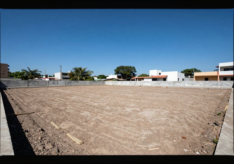 A professional real estate photograph of a vacant urban land lot in Veracruz, Mexico, neatly cleared and prepared for construction, under a clear blue sky. Professional framing emphasizing the space.