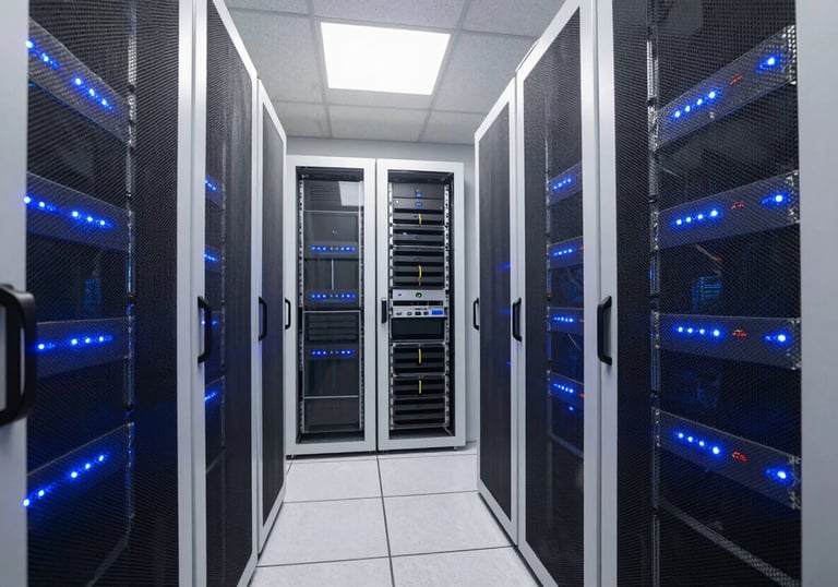 A secure, high-tech server room in a North American / US data center, showing Steel Blue LED lights and a clean, organized Off-White environment.