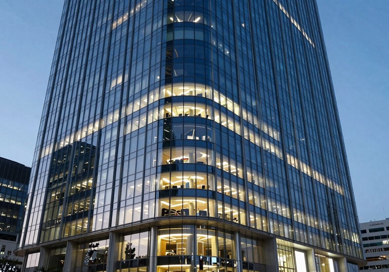 A wide architectural shot of a modern glass skyscraper in a Global / Professional financial district at dusk, glowing with Ocean Blue and Cool Off-White interior lights.
