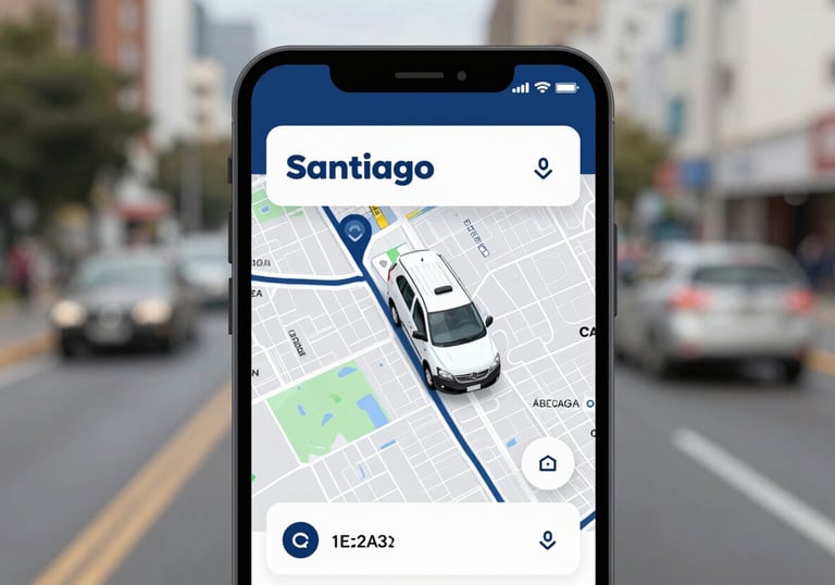 A screenshot of a mobile app interface showing a real-time tracking of a service vehicle on a map of Santiago, colors #1E2A3A and #B2C6D9.