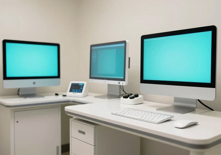 A modern, high-quality North American / US medical diagnostic room, featuring clean Off-white surfaces and Soft Aqua technology displays.