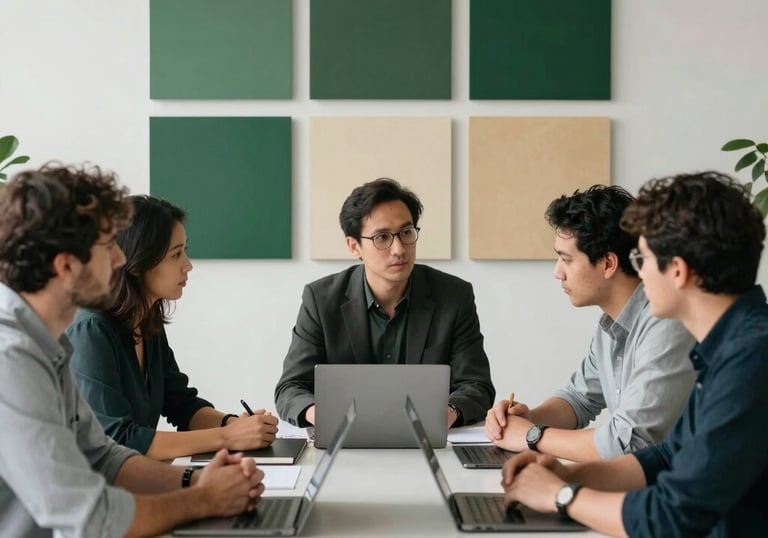 A team of digital experts in a North American office brainstorming around a sleek table. They are surrounded by creative mood boards in matte forest green and parchment tones.