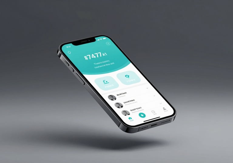 A sleek smartphone floating in a minimalist space, screen glowing with a smart home control interface using #74A7A7 and #F0F8F8 highlights.