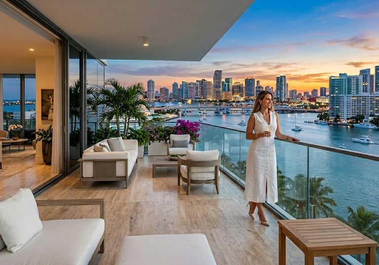 A woman stands on a luxury Miami condo balcony overlooking the city skyline at sunset.