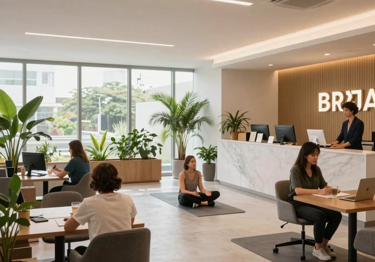 Photography of a bright and modern wellness area in a Brazilian company, people engaging in a healthy work environment. Modern office furniture, plants, and natural light.