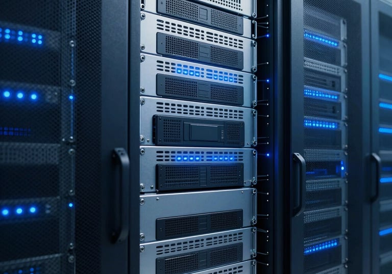 A clean, organized server rack with blue glowing lights in a secure, modern data center facility, representing technical reliability, navy blue and steel blue palette.