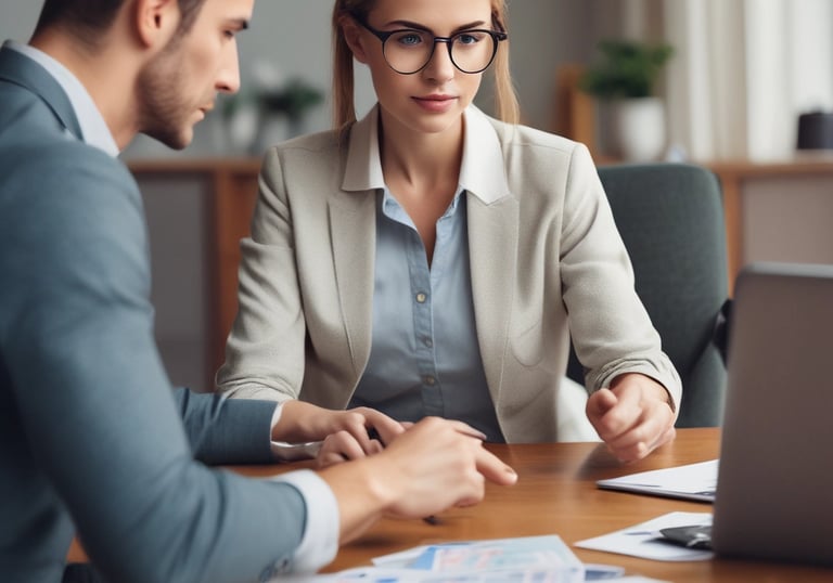 Professional consultant discussing financial documents with a client in a modern office.