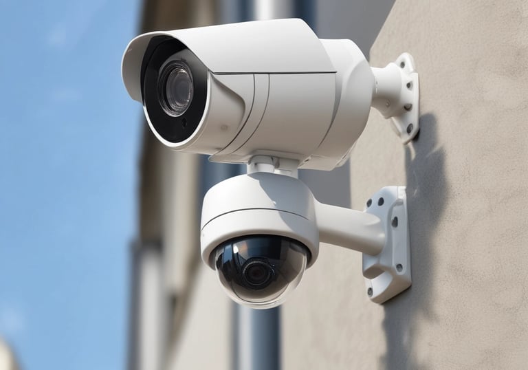 High-resolution security cameras monitoring a commercial building exterior.