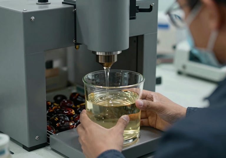 A professional quality inspection scene in a palm oil facility, showing clear liquid in a glass container. International / Global standards. Neutral lighting, charcoal grey and muted sage blue colors.