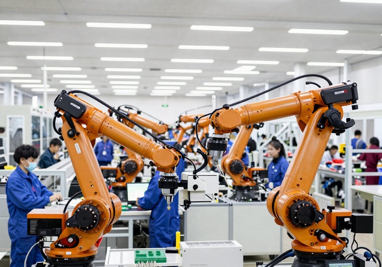 A busy Chinese factory floor with workers inspecting machinery and products.