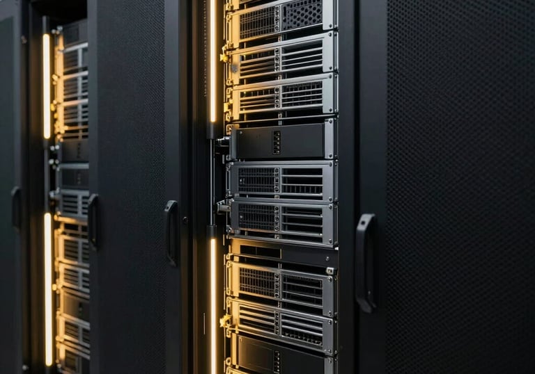 Photography of a modern high-tech server room with golden LED accents, symbolizing the strong and fast infrastructure of the server.