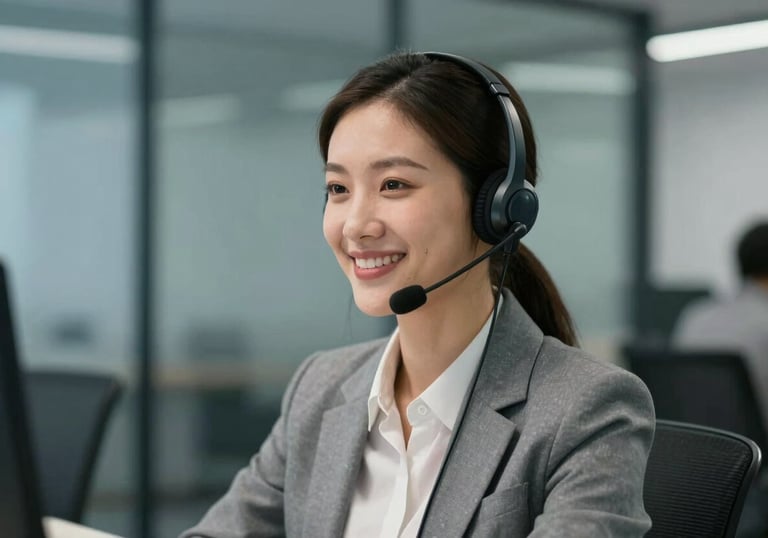 A professional portrait of a friendly and capable customer service representative wearing a sleek headset. They are smiling in a modern office with muted blue-grey glass partitions in the background.