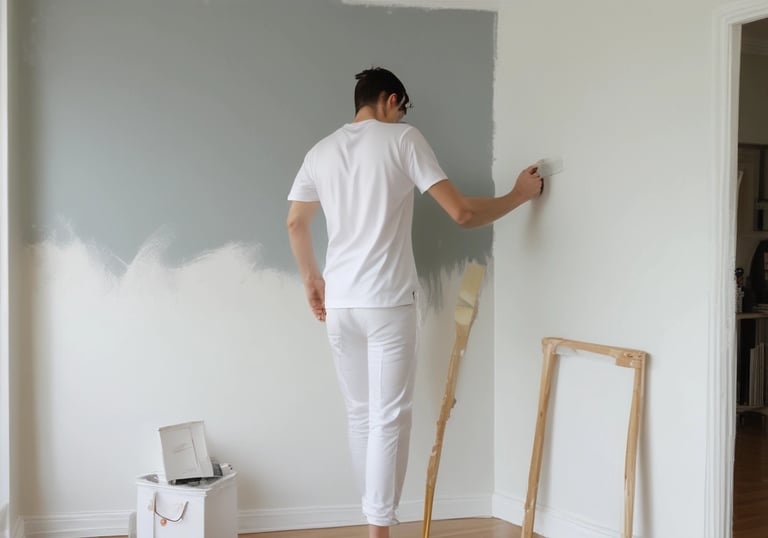 Professional house painter applying light grey paint to a white wall during a home renovation.