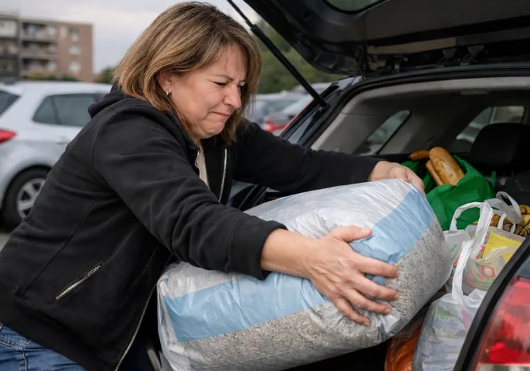 femme qui porte un sac très grand et lourd contenant de la litière pour ses chats
