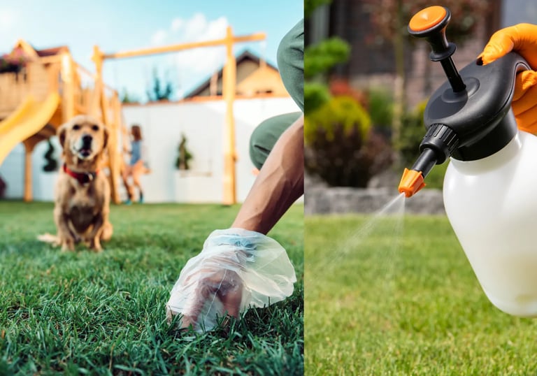 Jardin propre avec un chien, nettoyé et désodorisé par nos services