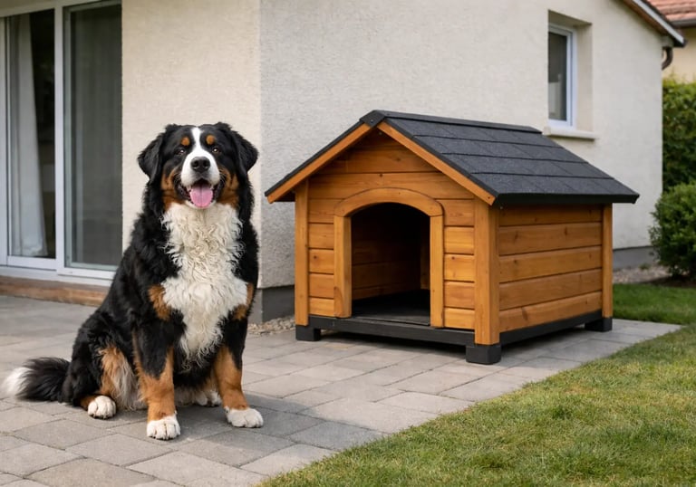 chien heureux devant sa niche propre dans le jardin de son propriétaire en IDF