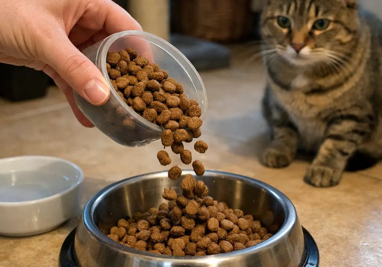 service donnant des croquettes au chat en l'absence du propriétaire 