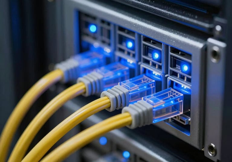 Macro shot of organized network cables and servers in a data center, glowing blue LED lights, representing technical stability and reliability.