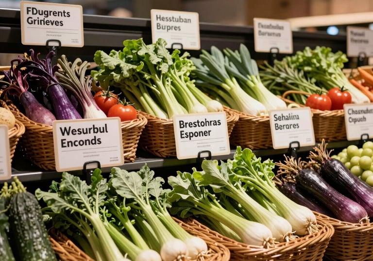 A high-end modern food market stall featuring organic vegetables in wicker baskets with crisp parchment signage, Western European / North American.
