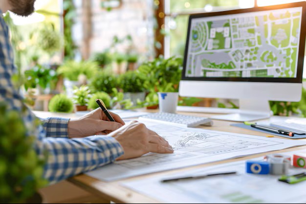 Draftsperson sketching garden design on a desk with a computer monitor showing a site plan.