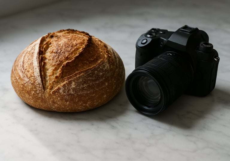 An artisanal sourdough loaf on a marble countertop next to a professional DSLR camera, natural morning light, clean and sophisticated composition, North American / European.