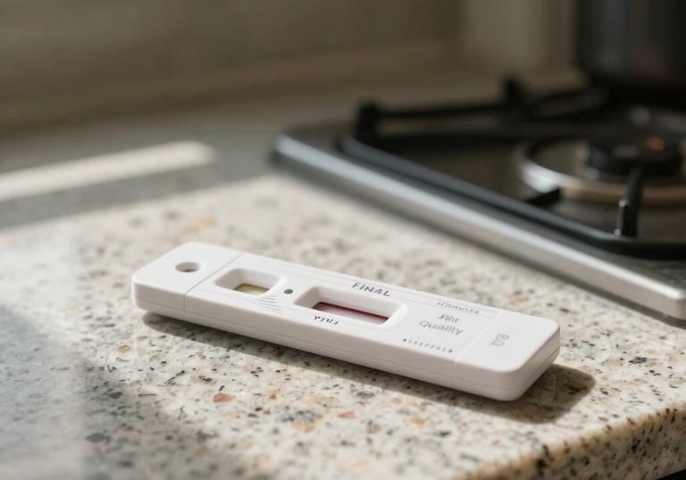 A final air quality test kit sitting on a clean granite countertop in a sunlit Orlando kitchen, signifying a safe and restored home environment.
