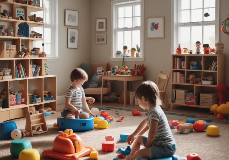 A warm therapy room with pastel walls and child-friendly toys.