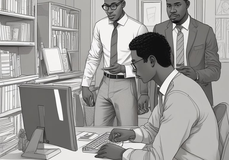 A friendly coach sitting across a desk, engaging warmly with a client.