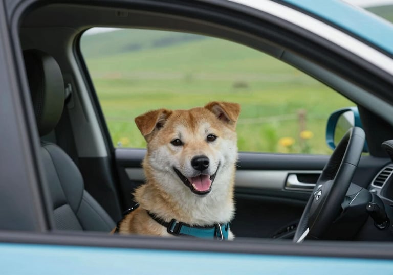 A happy dog looking calmly out of a car window at a passing green landscape, wearing a safety harness, representing a hopeful journey, with #A7BCC9 sky reflections.